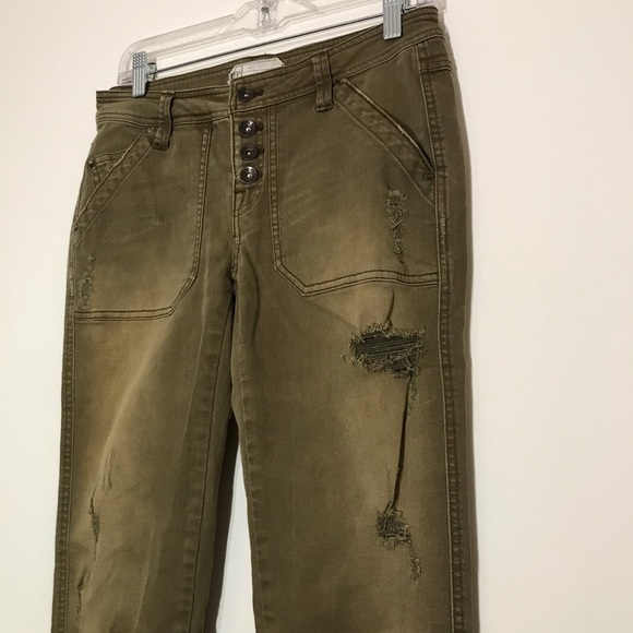 Free People Destructed Distressed Button Fly Jeans Green Tan Size 0 - Picture 3 of 10